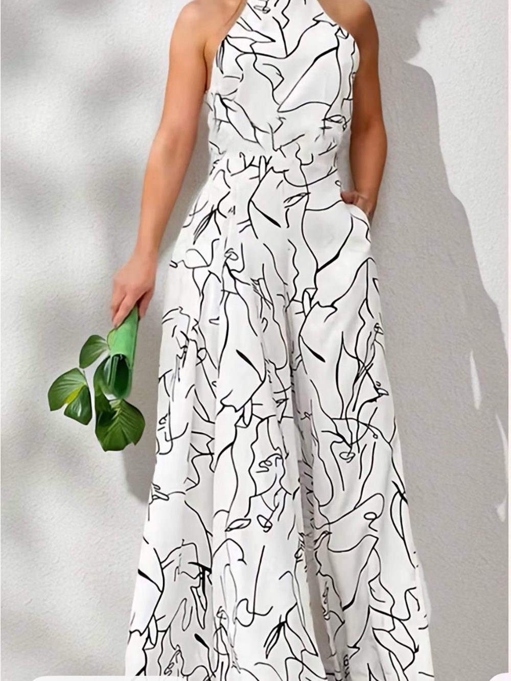 Source Unknown White Halter Jumpsuit with Black Abstract Line Print